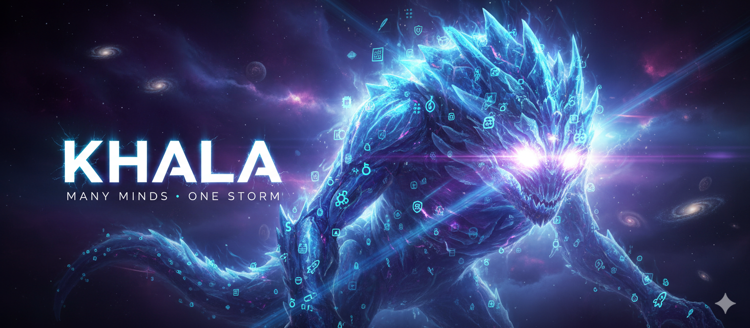 Khala multi-agent AI platform — dozens of specialist agent glyphs converging into a single psionic singularity of electric cyan and violet energy